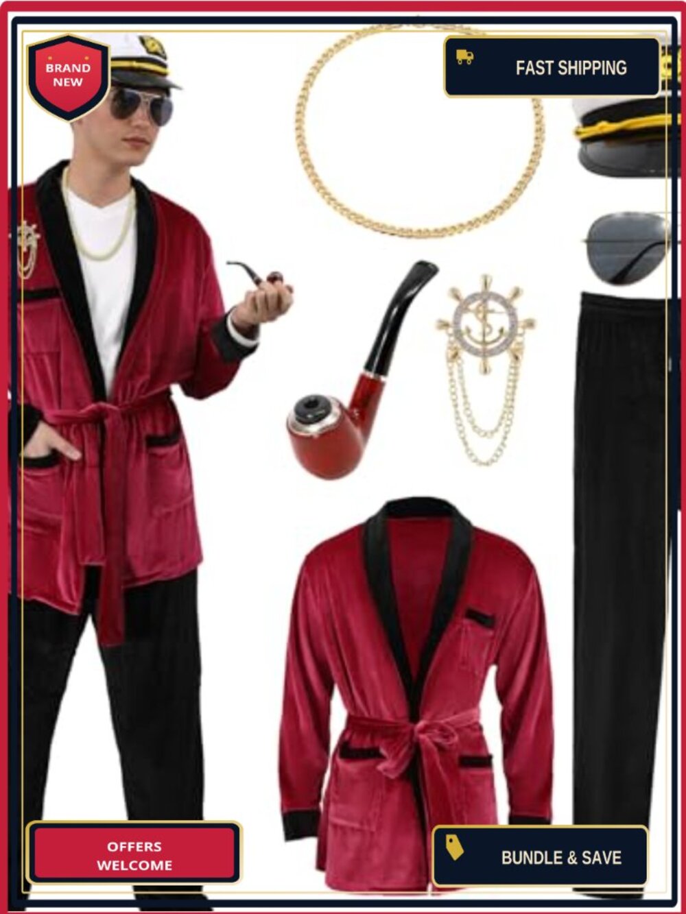 Adult Captain Costume 7PC Set Robe Pants Hat Sunglasses Cosplay Halloween
